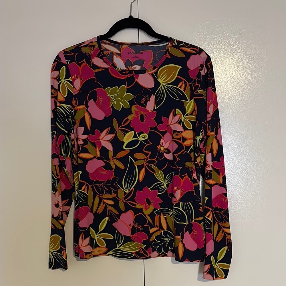 Lands End Floral Long Sleeve Swim Rash Guard Top